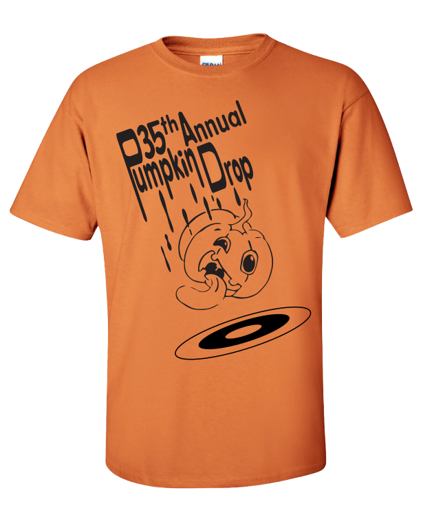 orange t-shirt with graphic of a falling pumpkin with the words 35th Annual Pumpkin Drop