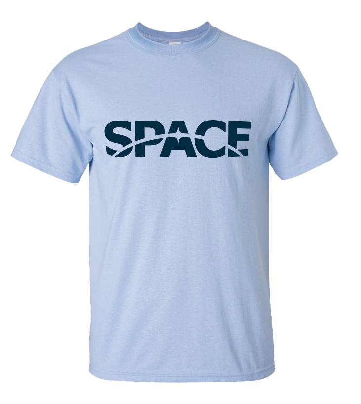  a blue shirt with the word Space