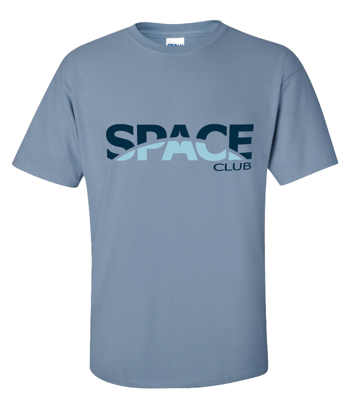 A blue shirt with the word Space