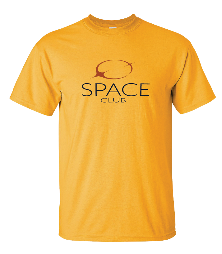 a yellow shirt with the word space and a graphic of an event horizon