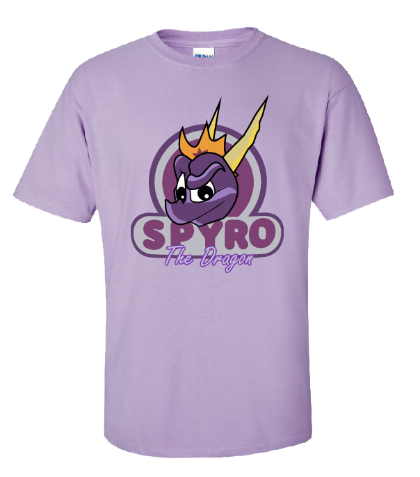 purple t-shirt with graphic of Spyro the Dragon, a purple video game character