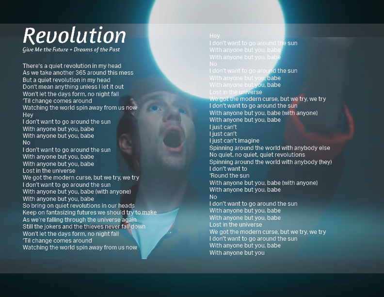 lyrics to the song Revolution by Bastille, an image of the bands lead singer and a glowing ball